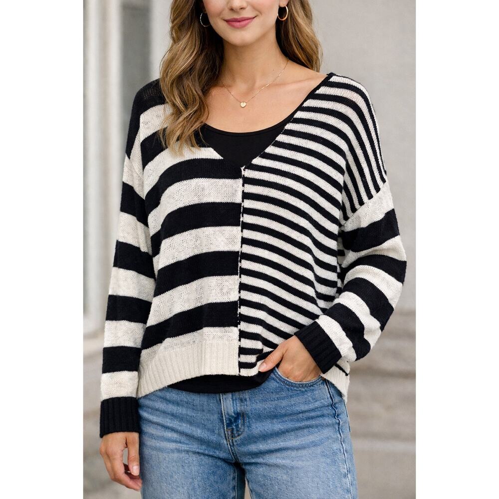 Mstree Black White Striped Open Knit Sweater L Lightweight Oversized Top
